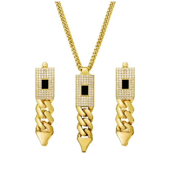 Zircon Cuban Pendant Set - Necklace & Earrings