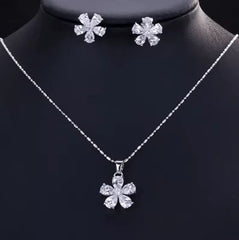 Zircon Petal Flower Necklace Set - Necklace & Earrings